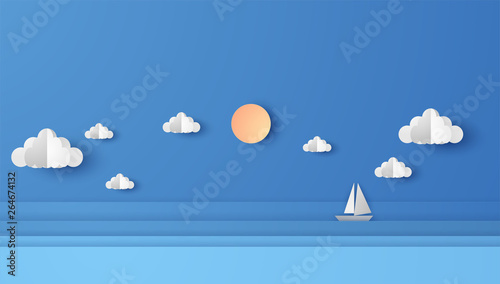 Illustration of sea view with a floating sailing boat in the sea. Sea view on clear sky. paper cut and craft style. vector, illustration. photo