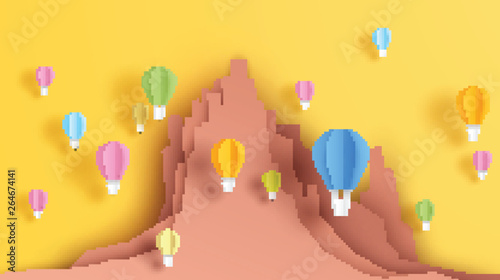 Graphic design for Hot air balloons festival. Illustration of Hot air balloons over Shiprock, New Mexico. Hot air balloons fiesta in New Mexico in paper art style. vector, illustration.