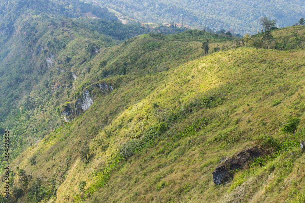 Green Landscape Mountain with Meadow Sky and Cloud at Phu Chi Fa Forest Park Thailand Zoom