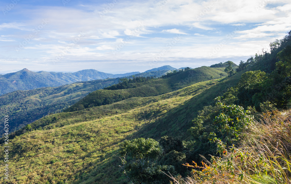 3 Green Tree Mountain with Warm Sun Light and Blue Sky Cloud at Phu Langka National Park Normal