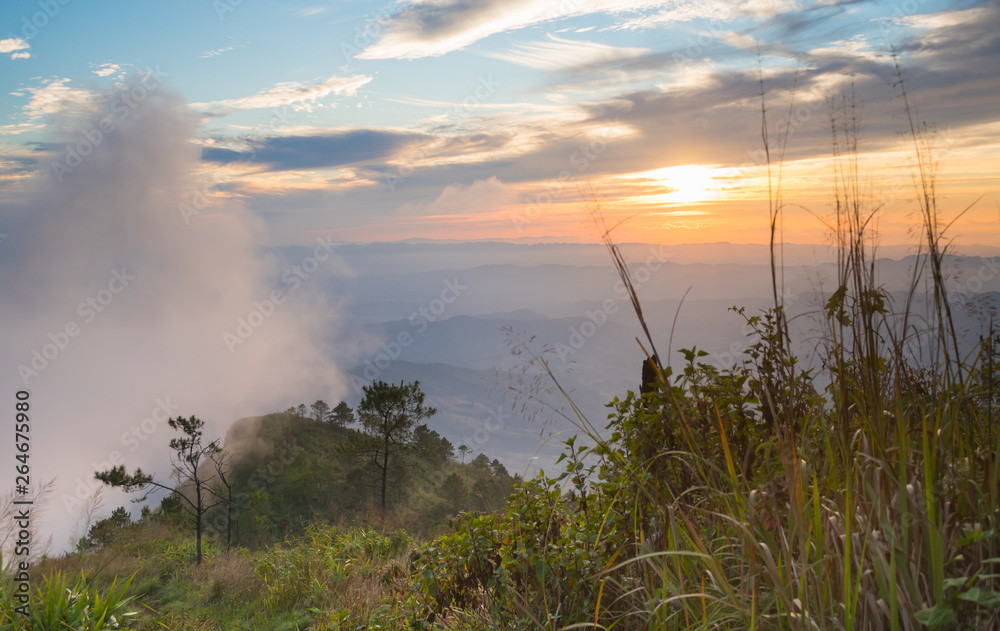 Phu Nom at Phu Langka National Park Thailand with Sunset and Fog on Sky Wide