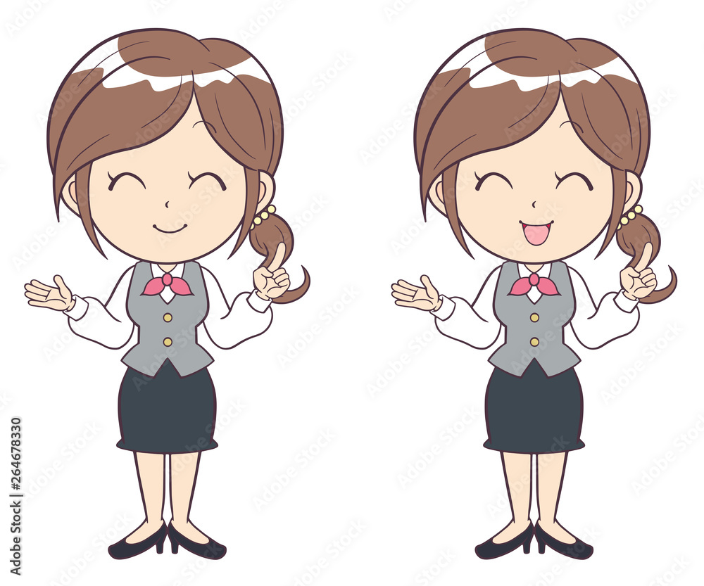 ビジネスウーマン　若い女性　指さし　案内　ポイント　説明　制服　全身