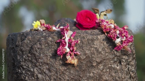 Flowers atop a marker in at a small Hindu shrine in Mamallapuram, Chengalpattu district, Tamil Nadu, India photo