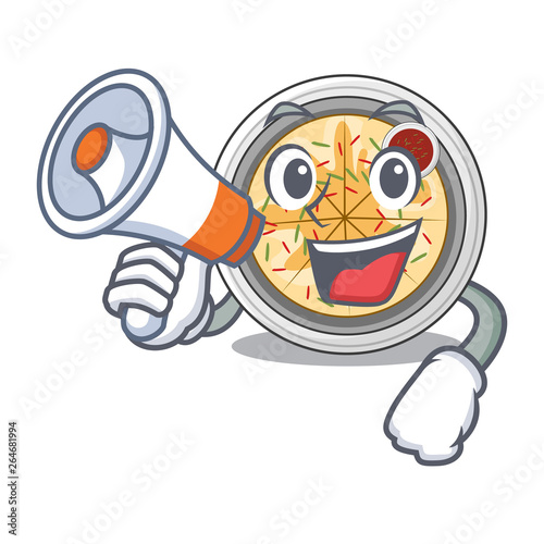 With megaphone buchimgae is served in cartoon bowl