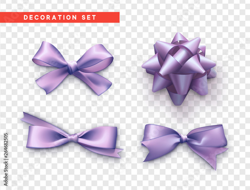 Bows lilac realistic design. Isolated gift bows with ribbons.