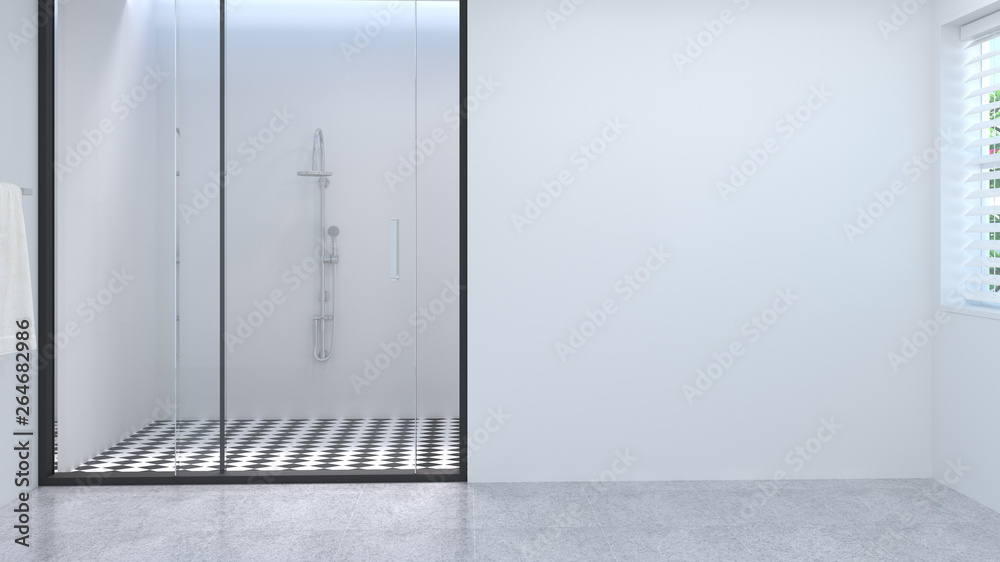 Blank space clean white empty bathroom interior,toilet,shower,modern home design background white tile bathroom 3d rendering
