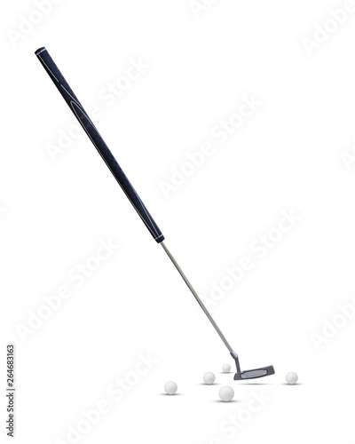 Putter golf ,long putter, belly putter and golf ball isolated on  white background for present your products.