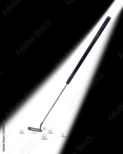 Putter golf ,long putter, belly putter and golf ball isolated on black and white background for present your products.