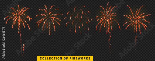 Set festive fireworks isolated on transparent background