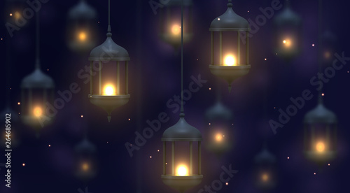 Dark blue background with vintage lamps dangling and burning
