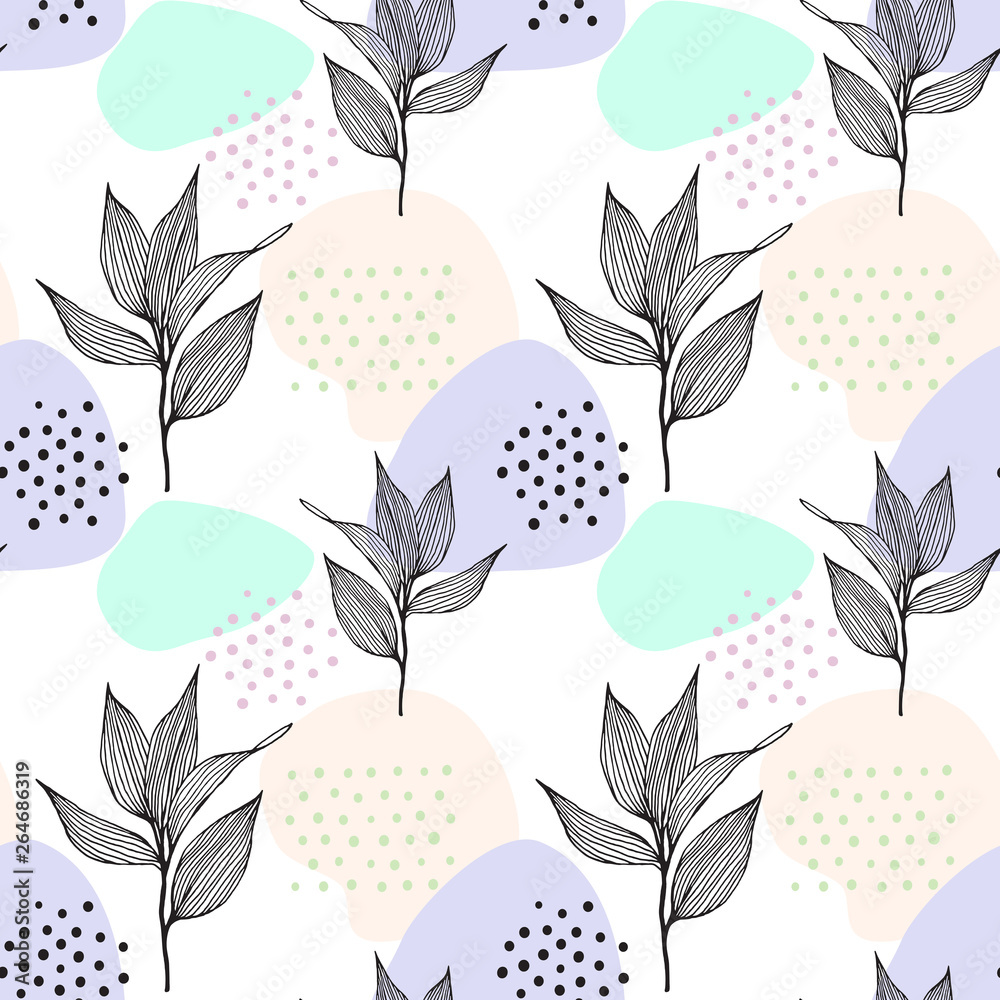 Floral abstract seamless pattern with blobs abstract and flowers in hand drawn style on white background. Light colorful illustration