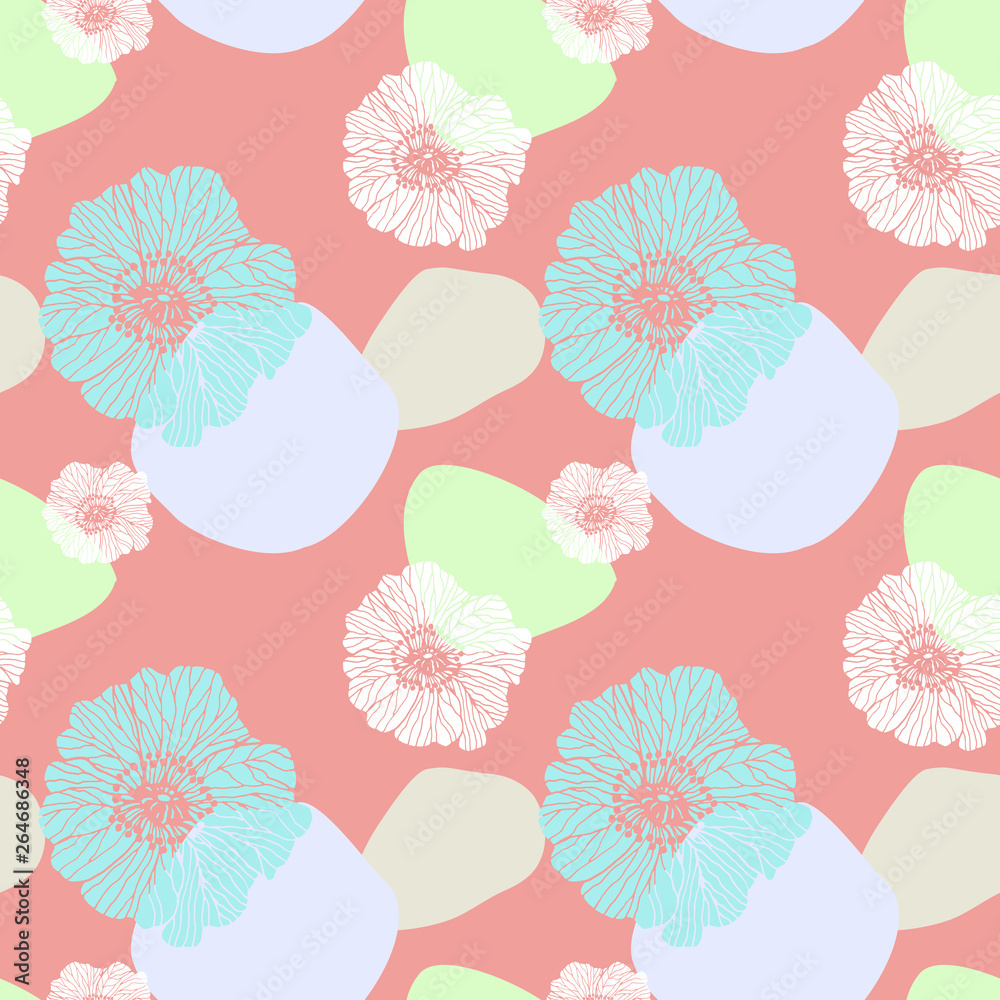 Floral abstract seamless pattern with blobs abstract and flowers in hand drawn style on white background. Light colorful illustration