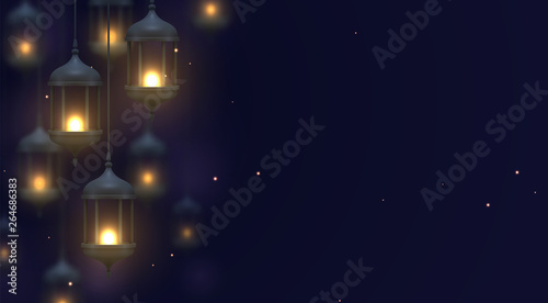 Dark blue background with vintage lamps dangling and burning.