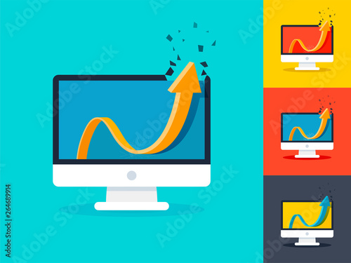 Flat concept illustration of growth. The arrow hit the glass display and strive upward symbolizing growth and economic prosperity