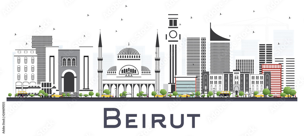 Fototapeta premium Bejrut Liban City Skyline z szarymi budynkami na białym tle.