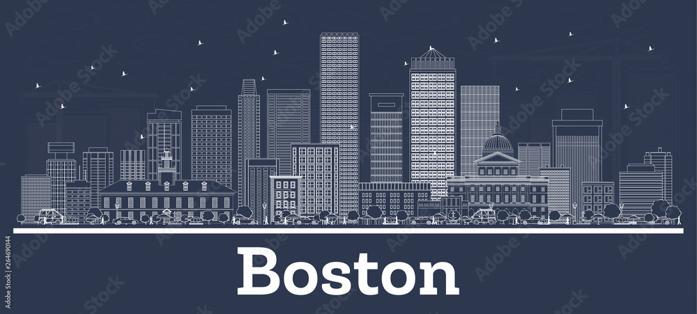 Outline Boston Massachusetts City Skyline with White Buildings.