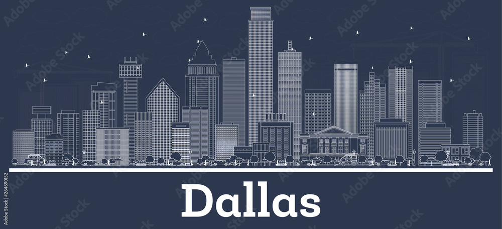Outline Dallas Texas City Skyline with White Buildings.