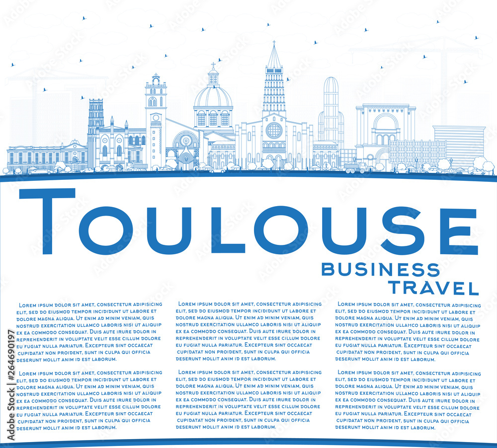 Outline Toulouse France City Skyline with Blue Buildings and Copy Space.