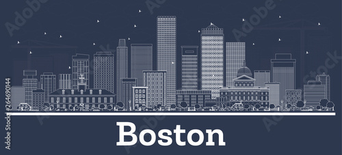 Outline Boston Massachusetts City Skyline with White Buildings.