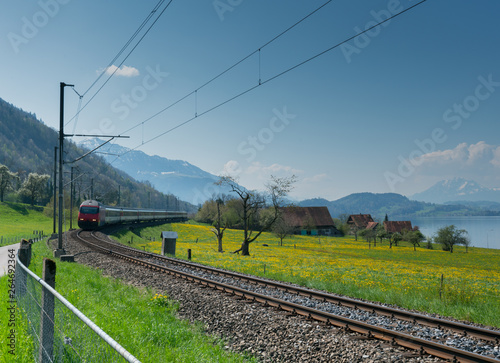 spring landscape with lake and mountains and a train speeding along the tracks in the foreground