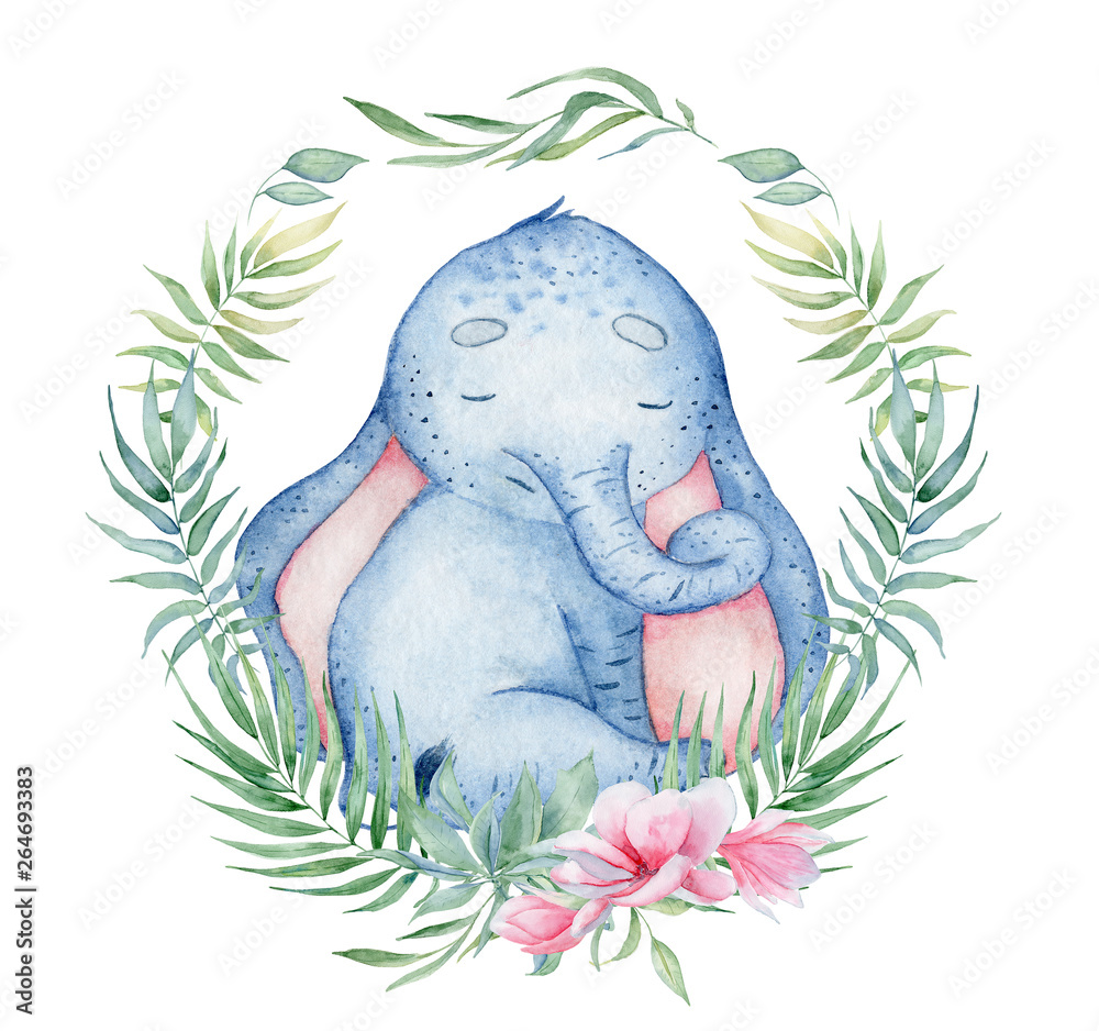 Watercolor cute elephant with floral decor animal illustration