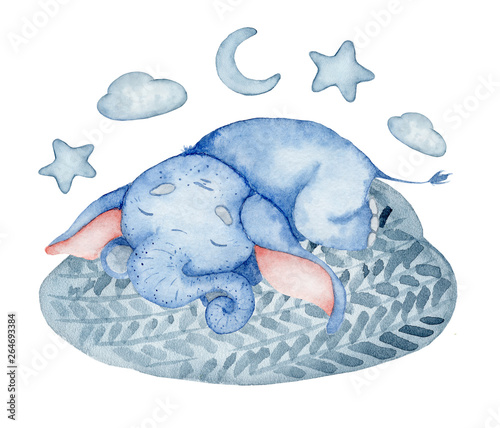 Watercolor cute elephant sleeping on the cloud animal illustration © EvgeniiasArt