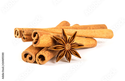 Close up the brown cinnamon stick with star anise spice isolated on white background