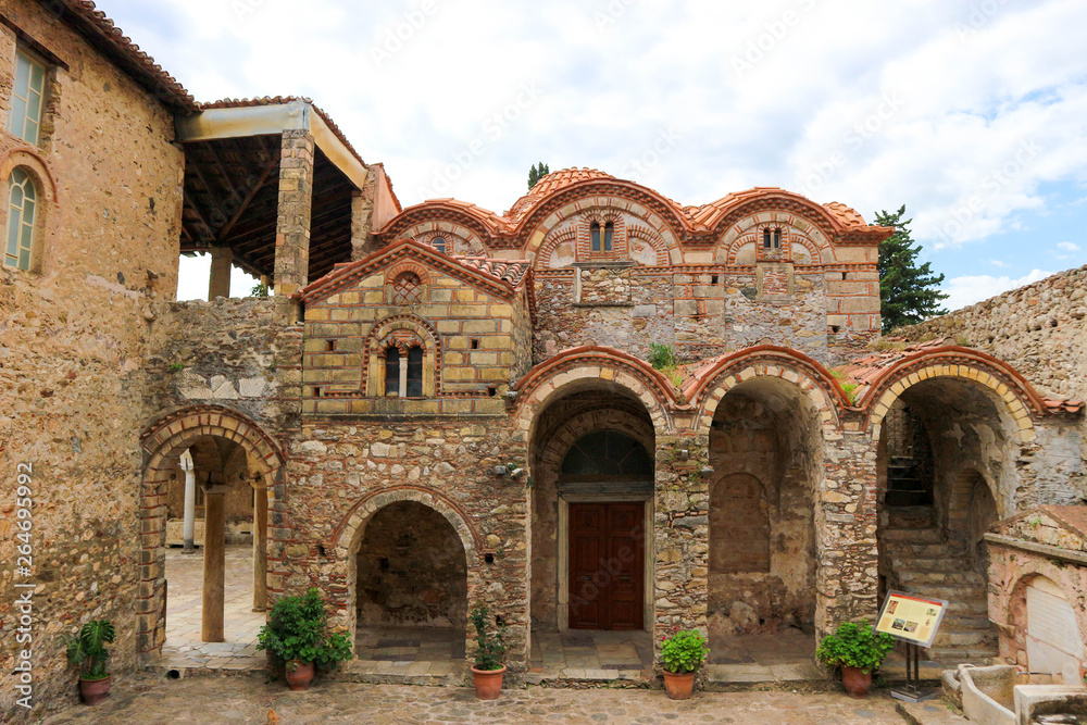 View of old Evangelistria Church in abandoned medieval town Mystras, Greece