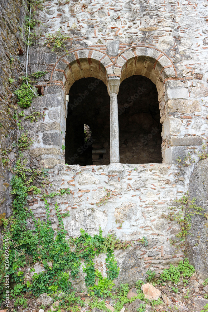 Arch window in abandoned medieval church, Mystras, Greece