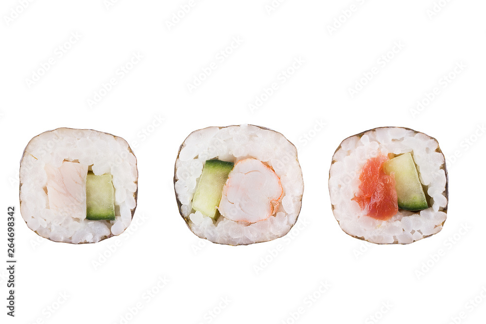 Sushi rolls isolated on white background. Collection. Close-up of delicious japanese food with sushi roll. Sushi rolls isolated on white background. Collection. Close-up of delicious japanese food with sushi roll.