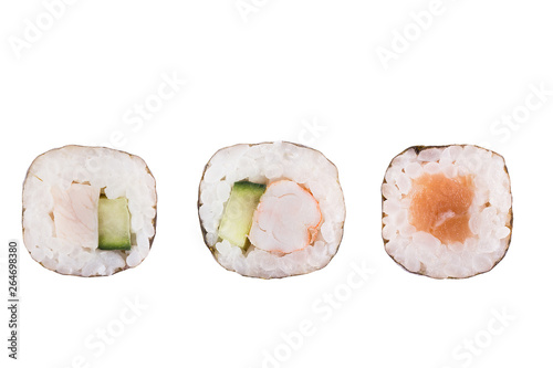 Sushi rolls isolated on white background. Collection. Close-up of delicious japanese food with sushi roll.