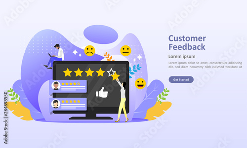 Customer Feedback concept design, people give vote review results. Suitable for web landing page, ui, mobile app, banner template. Vector Illustration 