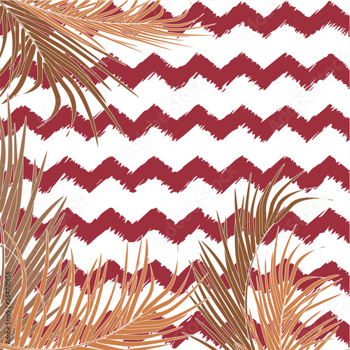 Vector background with decorative topical palm leaves on bright background of zig zag lines. Bright and pastel trendy brown colors. For decoration of background invitations, posters, cards, souvenirs.
