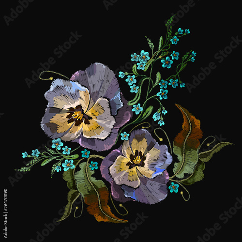 Violets flower embroidery. Summer garden art. Fashion template for clothes and textiles