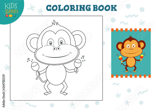 Copy and color picture vector illustration, exercise. Funny cartoon monkey