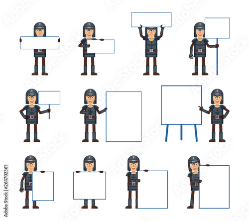 Set of medieval knight characters posing with different blank banners. Cheerful knight holding paper, poster, placard, pointing to whiteboard. Teach, advertise, promote. Simple vector illustration