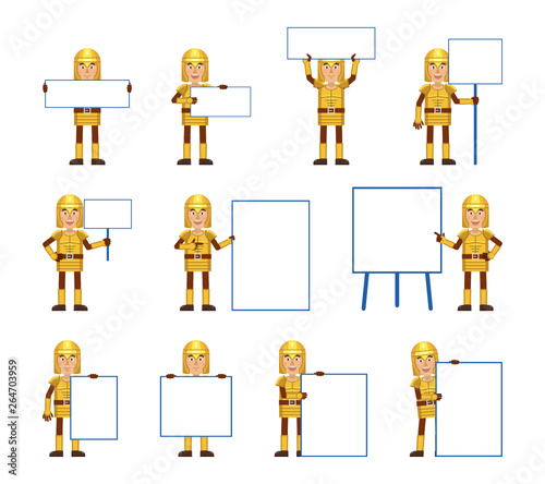 Set of medieval knight characters posing with different blank banners. Cheerful knight holding paper, poster, placard, pointing to whiteboard. Teach, advertise, promote. Simple vector illustration