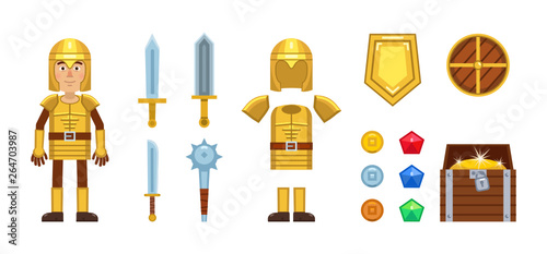 Medieval knight character with different game elements. Vector icons of sword, armor, helmet, weapons, shield, coins, gemstones and treasure chest. Simple vector illustration