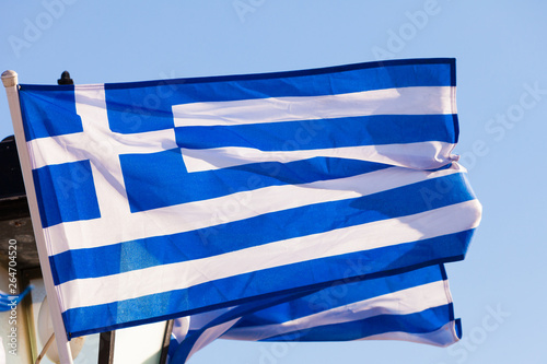 Greek flags waving outdoor