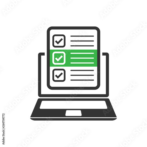 Questionnaire laptop icon in flat style. Online survey vector illustration on white isolated background. Checklist report business concept.