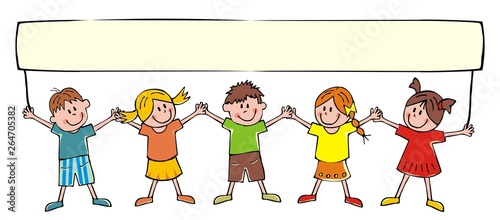 group of little chilldren with banner, vector illustration