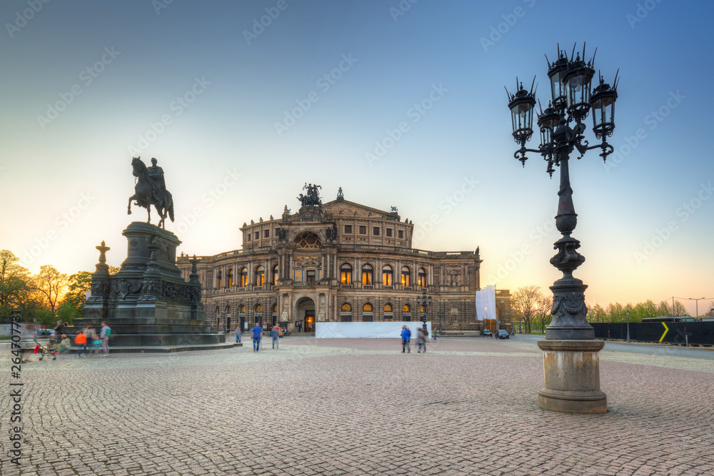 Semperoper Opera and  King John of Saxony monument at sunset, Dresden. Germany