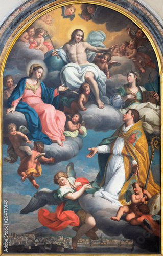 CATANIA, ITALY - APRIL 7, 2018: The paintng Resurected Jesus, Virgin Mary and St. Agatha in Apotheosis of st. Emygdius (Emidio) in church Chiesa di San Agostino by Pietro Paolo Vasta (1761).