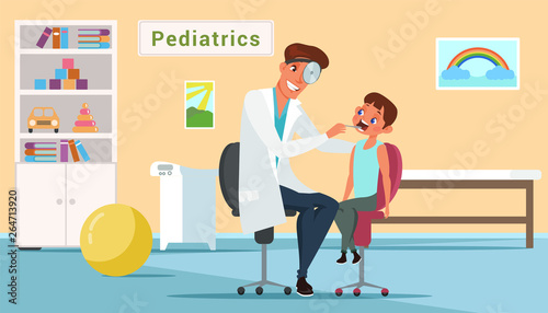 Little boy in pediatrics office flat illustration