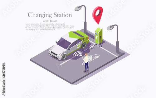 Ev charging station technology vector web banner template
