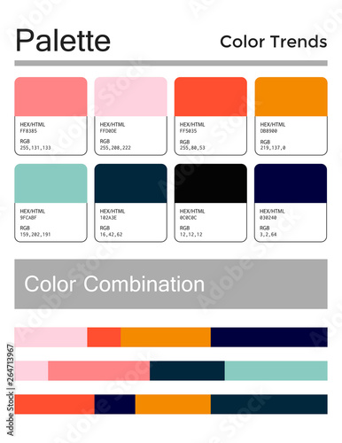 Color palette, harmonious combination, codes and names. Fashion colors for using in web, clothes, interiors and textiles