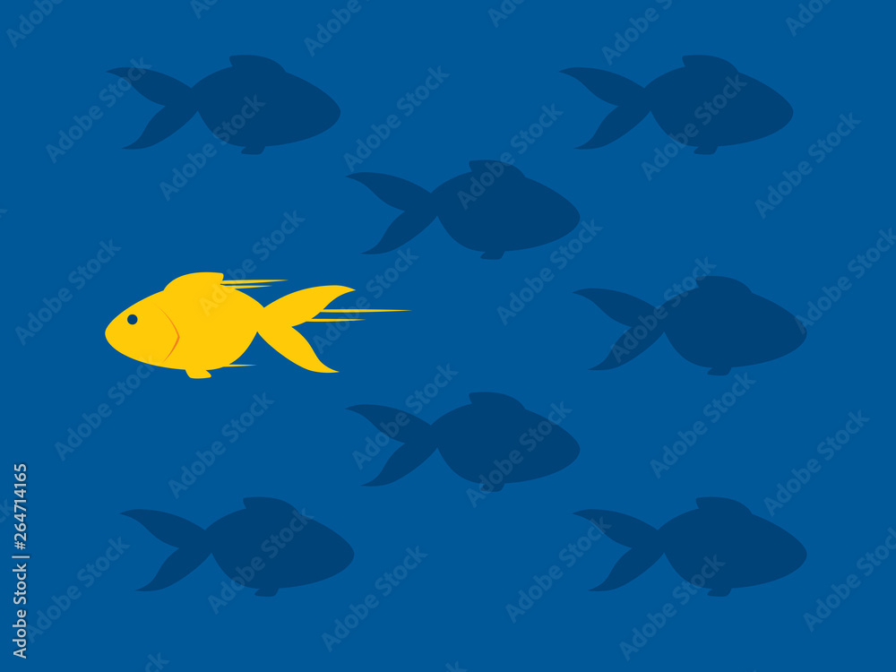 Yellow fish is swimming against direction Yellow fish is swimming against direction