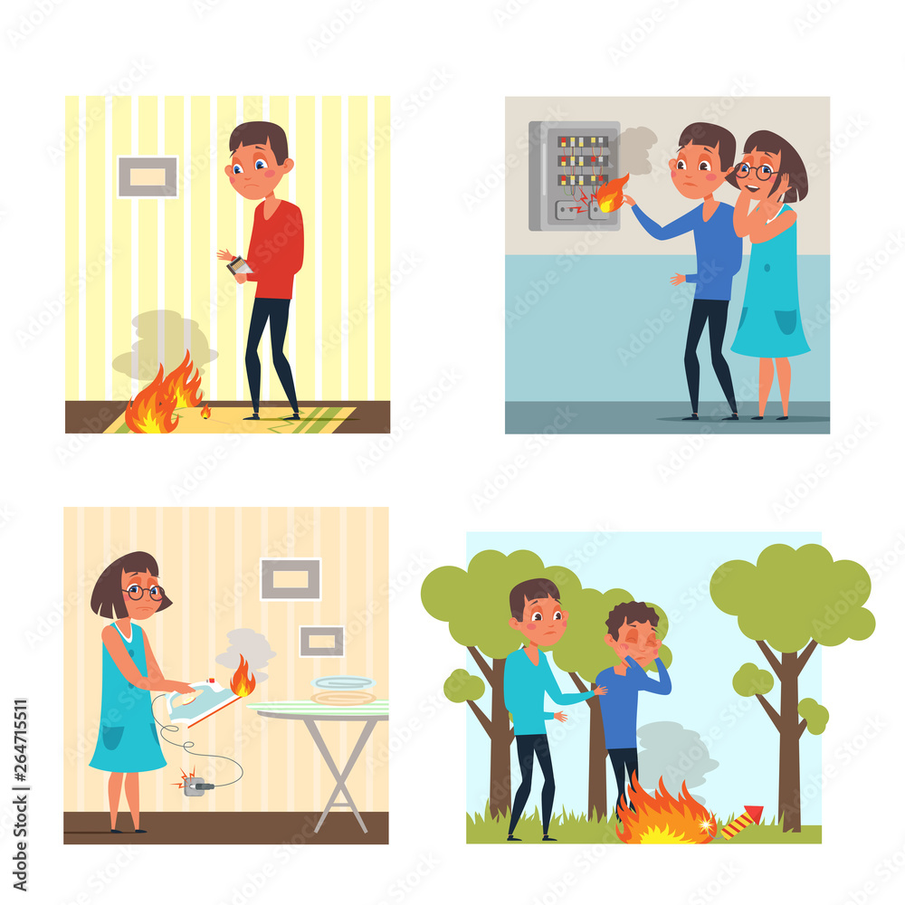 Beware of fire flat illustrations set Beware of fire flat illustrations set