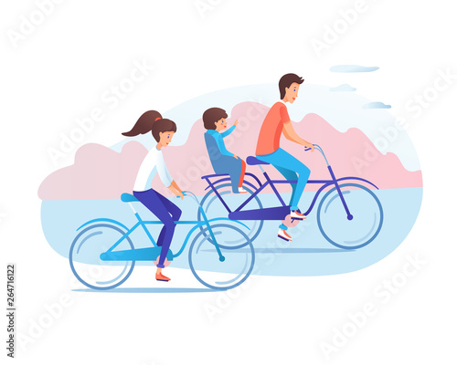 Family cycling together flat vector illustration