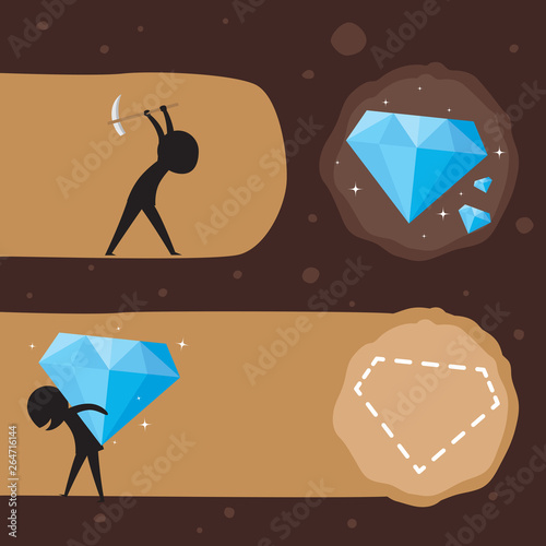 A stickman digging and carrying diamond